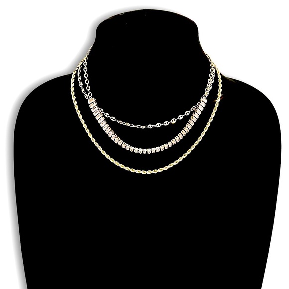 EXPRESS 3-Necklaces -n -1 gold Chain & Crystal Baguette Collar Necklace NWT​ - Picture 1 of 8